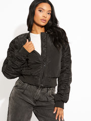 Ruched Sleeve Zipped Bomber Jacket