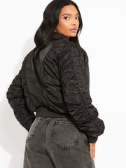 Ruched Sleeve Zipped Bomber Jacket