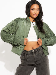 Ruched Sleeve Zipped Bomber Jacket