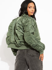 Ruched Sleeve Zipped Bomber Jacket