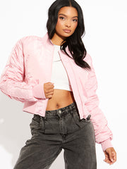 Ruched Sleeve Zipped Bomber Jacket