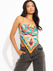 Tropical Print Pointed Hem Satin Cami Top