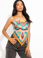 Tropical Print Pointed Hem Satin Cami Top