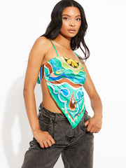 Tropical Print Pointed Hem Satin Cami Top