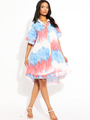 Tie-Dye Plisse Detail Frill Hem Oversized Dress