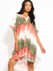 Tie-Dye Plisse Detail Frill Hem Oversized Dress