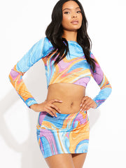 Abstract Print Slinky Crop Top & Skirt Co-ord