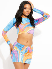 Abstract Print Slinky Crop Top & Skirt Co-ord