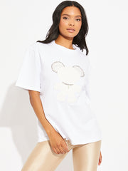 Camiseta de logotipo de gran tamaño de Bear White Diamante