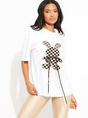 Checkered Diamante Rabbit Oversized Logo T-Shirt