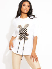 Checkered Diamante Rabbit Oversized Logo T-Shirt