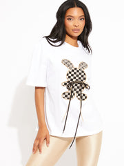 Checkered Diamante Rabbit Oversized Logo T-Shirt
