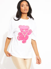 Pink Diamante Bär übergroßes Logo-T-Shirt