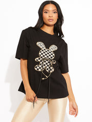 Checkered Diamante Rabbit Oversized Logo T-Shirt