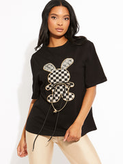 Checkered Diamante Rabbit Oversized Logo T-Shirt