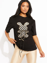 Checkered Diamante Rabbit Oversized Logo T-Shirt