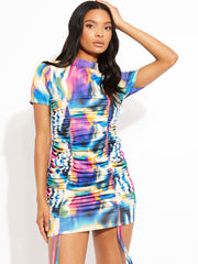New Printed Ribbed Ruched Dress