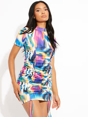 New Printed Ribbed Ruched Dress