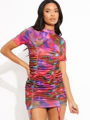 New Printed Ribbed Ruched Dress