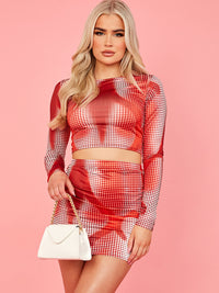 Distorted Graphic Slinky Crop Top & Skirt Co-ord - Red