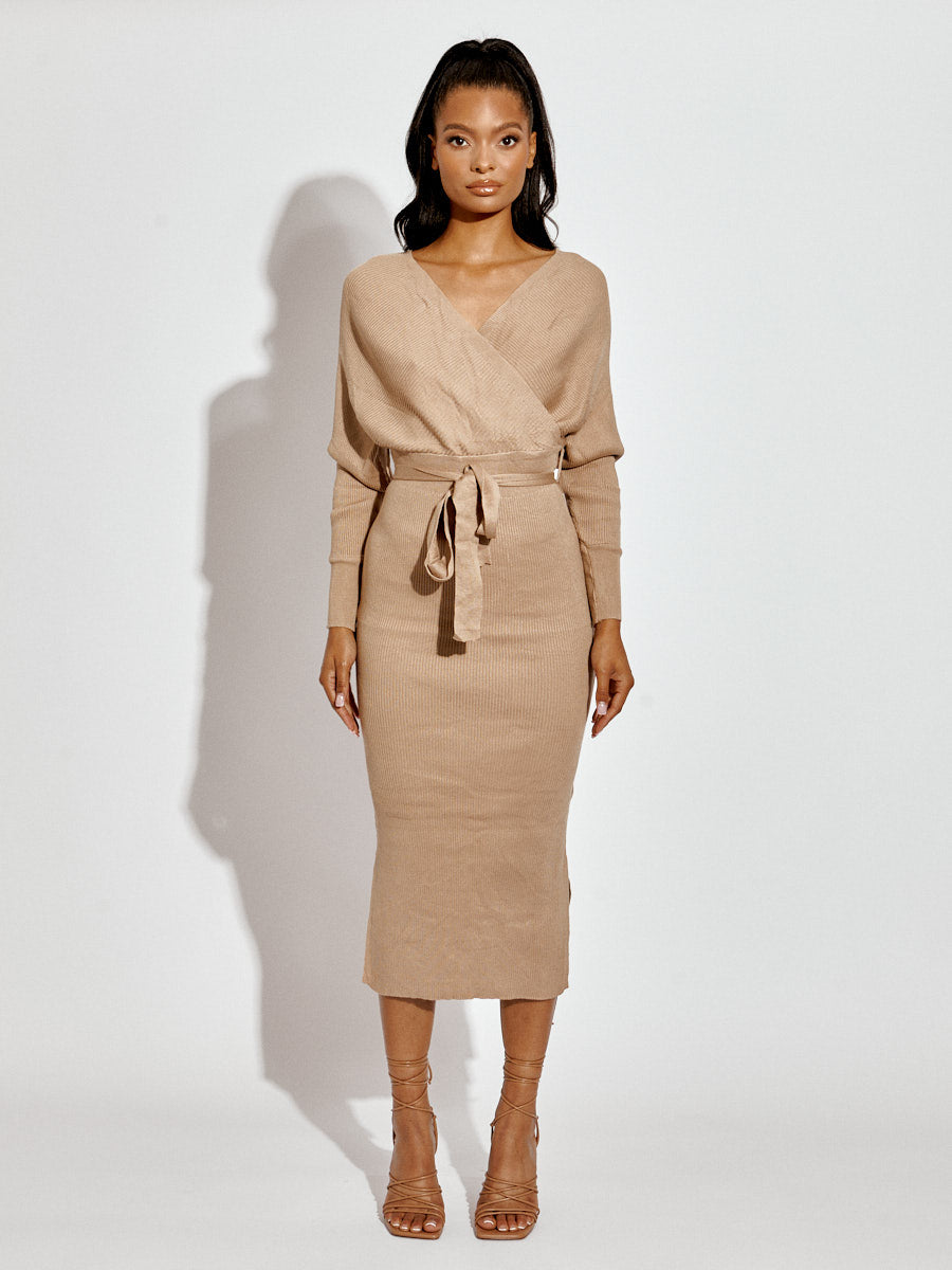 Wholesale Wrap Front & Back Fine Knit Ribbed Midi Dress With Belt Stylewise Direct Wholesale Wrap Front & Back Fine Knit Ribbed Midi Dress With Belt Stylewise Direct