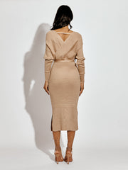 Wrap Front & Back Fine Knit Ribbed Midi Dress With Belt