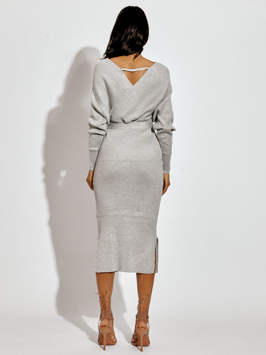 Back Ribbed Dress Wholesale Wrap Front & Back Fine Knit Ribbed Midi Dress With Belt ...