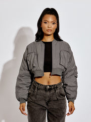 Ruched Sleeve Utility Pocket Cropped Bomber Jacket