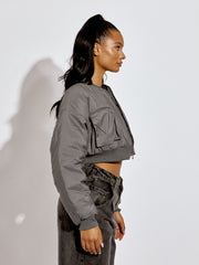 Ruched Sleeve Utility Pocket Cropped Bomber Jacket