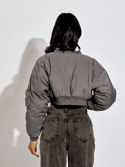 Ruched Sleeve Utility Pocket Cropped Bomber Jacket