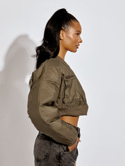 Ruched Sleeve Utility Pocket Cropped Bomber Jacket
