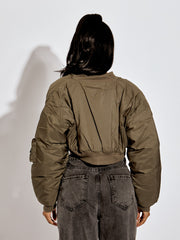 Ruched Sleeve Utility Pocket Cropped Bomber Jacket
