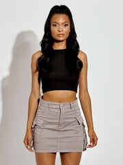 Cargo Denim Skirt With D-Ring Belted Utility Pockets