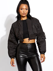 Ruched Sleeve Utility Pocket Cropped Bomber Jacket