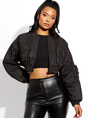 Ruched Sleeve Utility Pocket Cropped Bomber Jacket