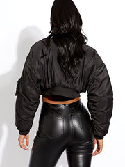 Ruched Sleeve Utility Pocket Cropped Bomber Jacket