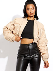 Ruched Sleeve Utility Pocket Cropped Bomber Jacket