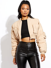 Ruched Sleeve Utility Pocket Cropped Bomber Jacket
