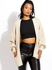 Waist Length Balloon Sleeve Knitted Cardigan