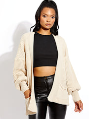 Waist Length Balloon Sleeve Knitted Cardigan