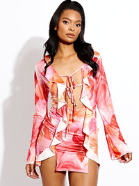 Tropical Print Tie Knot Frill Detail Bodycon Dress - Pink