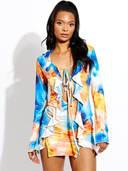 Tropical Print Kinne Knoten Frill Detail Körperkleid Kleid