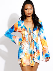 Tropical Print Kinne Knoten Frill Detail Körperkleid Kleid