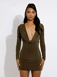 Draped Cowl Neck Slinky Dress - Olive