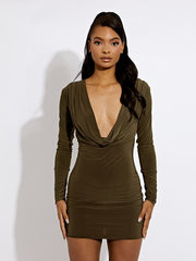 Draped Cowl Neck Slinky Dress