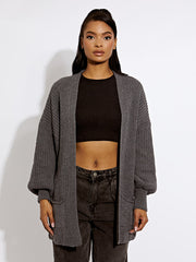 Waist Length Balloon Sleeve Knitted Cardigan