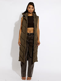 Turtle Neck Hooded Longline Padded Gilet - Olive