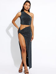 Lurex One Shoulder Crop Top & Slit Maxi Skirt Co-ord