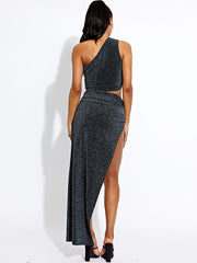 Lurex One Shoulder Crop Top & Slit Maxi Skirt Co-ord
