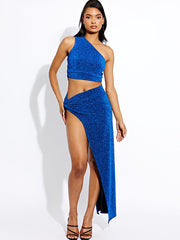 Lurex One Shoulder Crop Top & Slit Maxi Skirt Co-ord